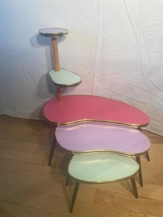 Set bijzettafels - Hout, Formica - Niervormige planten, Antiquités & Art, Art | Objets design