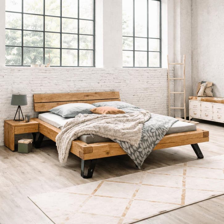 TPT Möbel Woodvale Massief Wild Eiken Balkenbed - 140 x 210, Maison & Meubles, Chambre à coucher | Lits