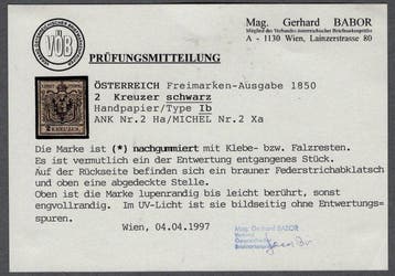 Oostenrijk - 1850, 2 H I, MH, certificaat Babor, CV 2000€