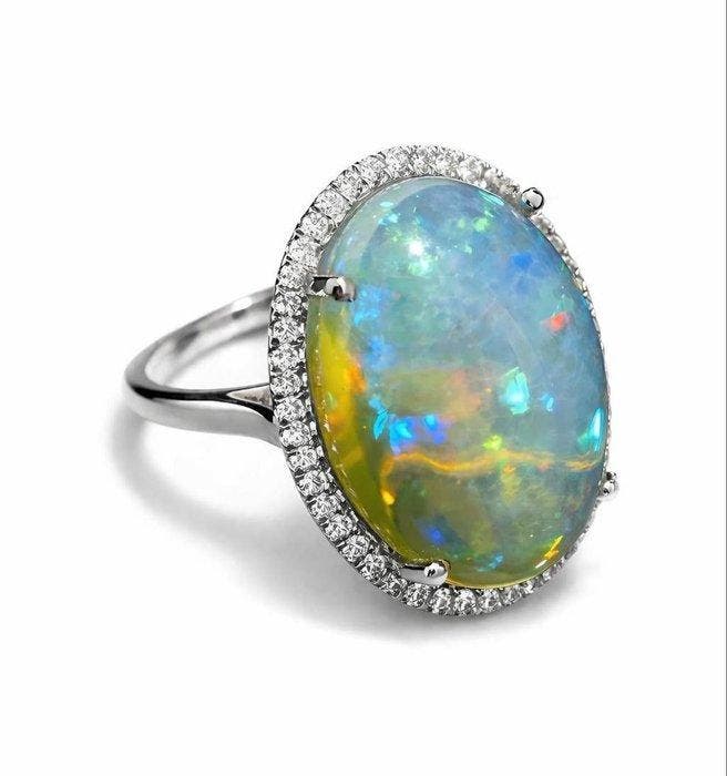 Bague - 14 carats Or blanc - Bague en opale avec diamants, Bijoux, Sacs & Beauté, Bagues