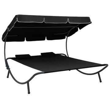 vidaXL Loungebed met luifel en kussens zwart, Verzenden