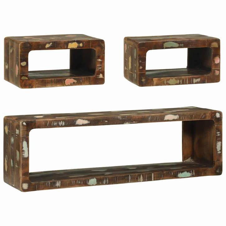 vidaXL Tv-meubelset met plank 3 pcs Multikleur Massief, Huis en Inrichting, Woonaccessoires | Cd- en Dvd-rekken, Nieuw, Verzenden