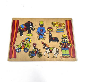 Vintage houten circuspuzzel met olifant, tijger, clown,, Verzenden