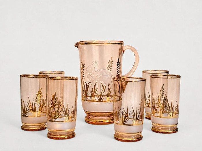 Drinkservies voor 6 (8) - Glas, Messing, Verguld, Antiek en Kunst, Kunst | Designobjecten