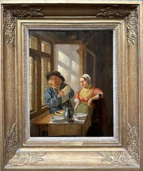 Petrus Marius Molijn (1819-1849) - Interieur met lezende man, Antiquités & Art, Art | Peinture | Classique