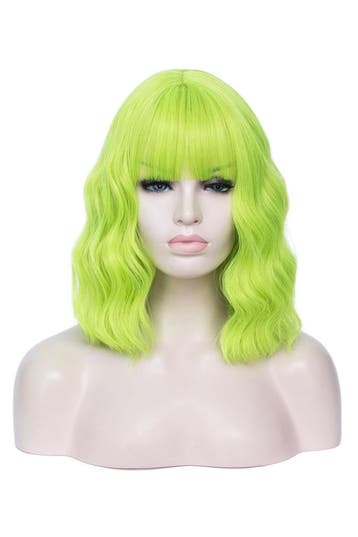 Luxe Limegroen Pruik Schouderlengte Rechte Pony Krullen Lime, Ophalen of Verzenden