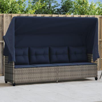 vidaXL Ligbed met luifel en kussens poly rattan grijs, Verzenden