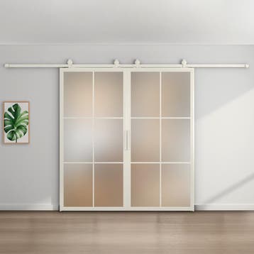 Dubbele stalen schuifdeur - 6 Vlaks - Wit - Mat glas