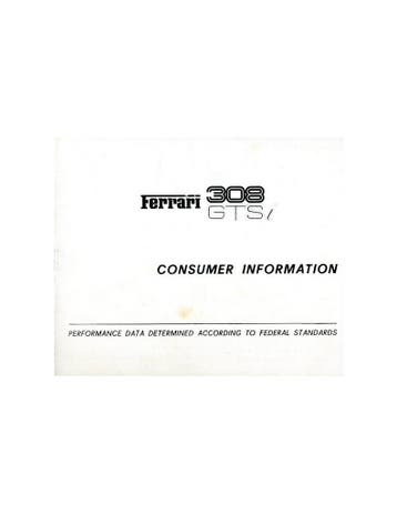 1980 FERRARI 308 GTSi CONSUMER INFORMATION INSTRUCTIEBOEK .., Ophalen of Verzenden