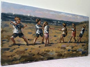 Francis Cristaux (1950) - Deauville - Enfants au bord de mer