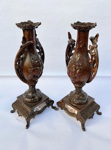 Vase en bronze antique avec marbre rose - Bronze - France -