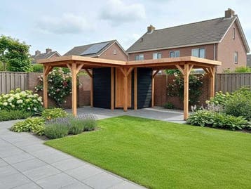 Veiling - Vrijstaande hoekoverkapping met berging 600x600x25, Nieuw