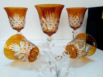 Verre à eau (6) - Cristal - Cristal bohème ambré, Antiquités & Art