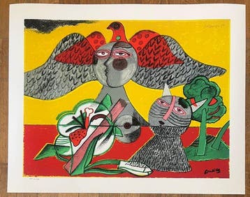 Corneille (1922-2010) - Chat, fleur et oiseau