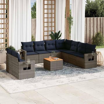 vidaXL 10-delige tuinbankset met kussens, grijs polyrotan, Verzenden, Nieuw