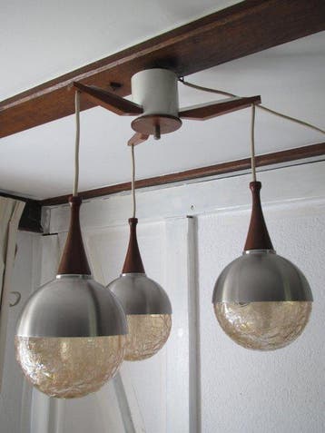 Plafondlamp - Teakhout, glas, aluminium - Vintage lamp met