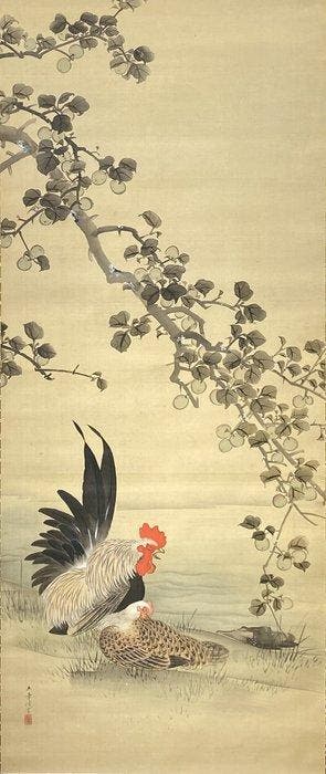Arbre kaki avec coq et poule - Soie - Kawabata Gyokush -