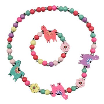 Fako Bijoux - Kinderketting en Armband - Hout - Drie Lamas, Verzenden