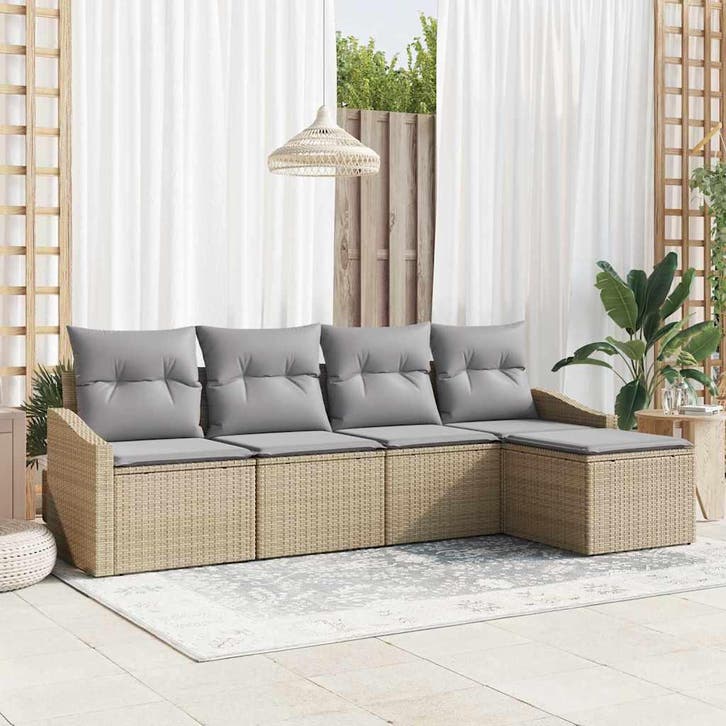 vidaXL Bankstel met kussen 5 pcs Beige en Lichtgrijs poly, Tuin en Terras, Tuinsets en Loungesets, Nieuw, Verzenden