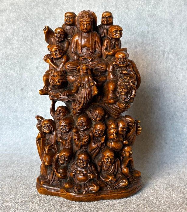 De Achttien Arhat’s - Buxushout - China (Zonder, Antiquités & Art, Antiquités | Autres Antiquités
