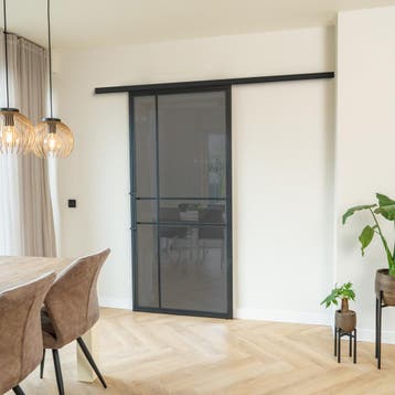 Stalen Schuifdeur met koofsysteem Zwart 6 Vlaks Rook glas Lu, 75 tot 150 cm, Nieuw, 150 tot 225 cm, Metaal