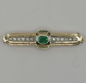 Broche - 14 karaat Geel goud - 1.16ct. tw. Smaragd - Diamant, Handtassen en Accessoires