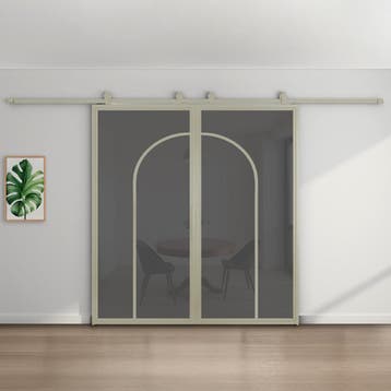 Dubbele stalen schuifdeur Kiezelgrijs2 Vlaks rond Rookglas