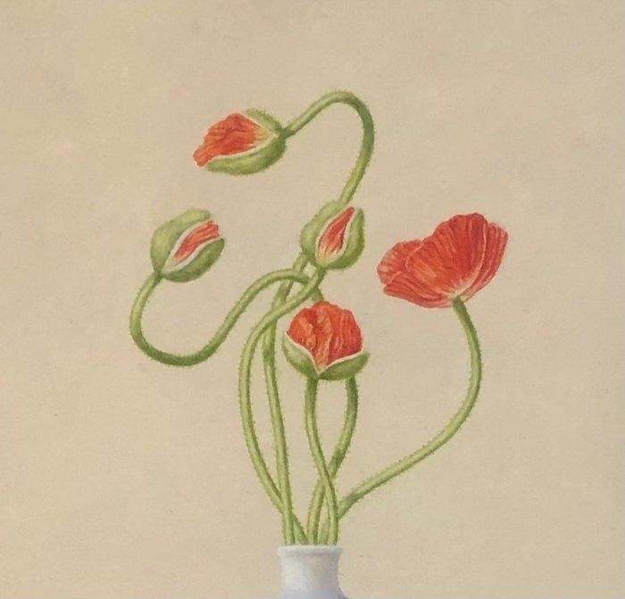 Ruud Verkerk - Japanse vaas met rode Papavers., Antiek en Kunst, Kunst | Schilderijen | Modern