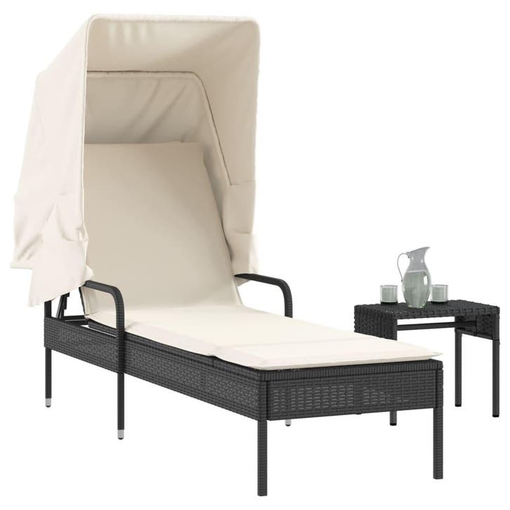 vidaXL Ligbed met luifel en tafel poly rattan zwart, Jardin & Terrasse, Chaises longues, Envoi