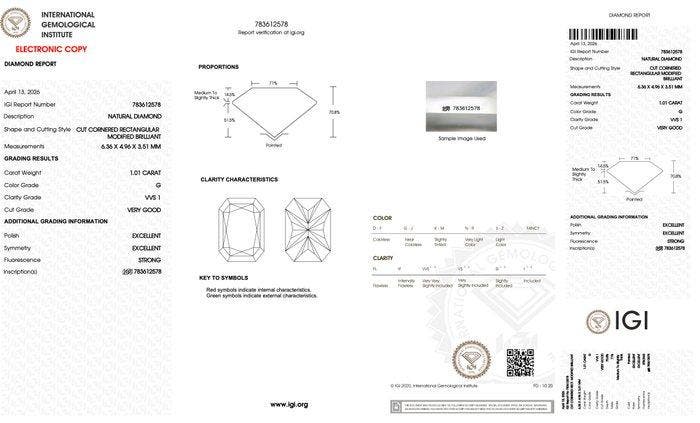 1 pcs Diamant (Natuurlijk) - 1.01 ct - Radiant - G - VVS1 -, Handtassen en Accessoires, Edelstenen