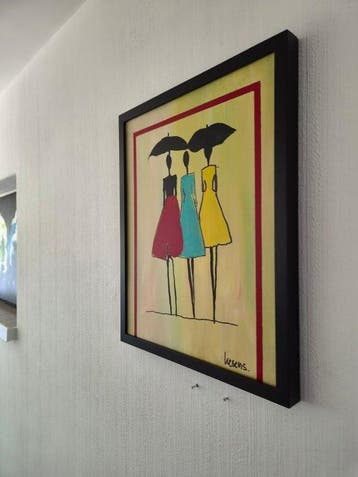 Liesens - Rain girls (Handpainted on white canvas met lijst), Antiek en Kunst
