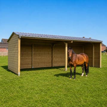 Houten schuilstal paarden 10x4m + extra oversteek van 1,20m