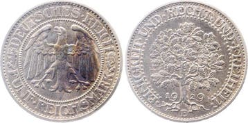 Duitsland 5 Reichsmark Eichbaum 1929 E, prfr/stgl Top J31..., Verzenden