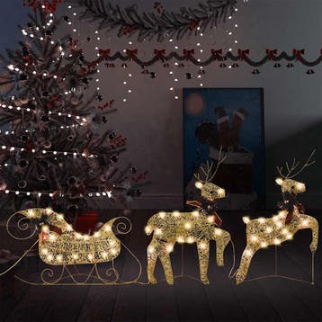 vidaXL Kerstdecoratie rendieren en slee 60 LEDs goudkleurig, Diversen, Verzenden, Nieuw