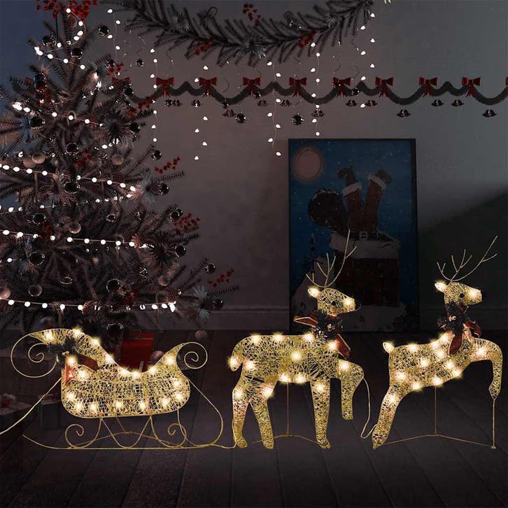 vidaXL Kerstdecoratie rendieren en slee 60 LEDs goudkleurig, Diversen, Kerst, Nieuw, Verzenden