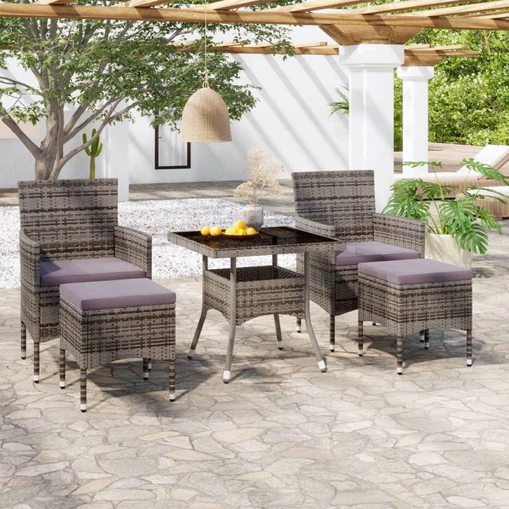 vidaXL 5-delige Tuinset poly rattan en gehard glas grijs, Tuin en Terras, Tuinsets en Loungesets, Tuinset, Nieuw, Verzenden