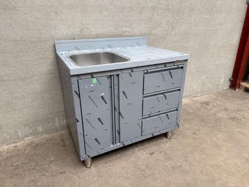 Spoeltafel met draaideuren en 3 laden 1 bak links 100cm, Ophalen of Verzenden, Nieuw in verpakking, Inox Meubilair