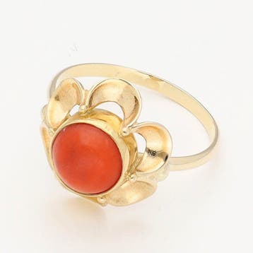 Bague - 14 carats Or jaune - corail rouge, Nieuw
