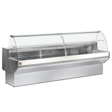 Gekoelde vitrinetoonbank gebogen ruit, geventileerd, met res, Verzenden