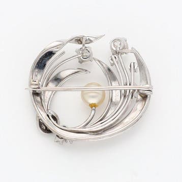 Broche - 18 carats Or blanc Perle - Diamant, Handtassen en Accessoires, Antieke sieraden