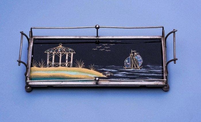 Dienblad - handgeschilderd glas - Art Deco glazen dienblad, Antiquités & Art, Curiosités & Brocante