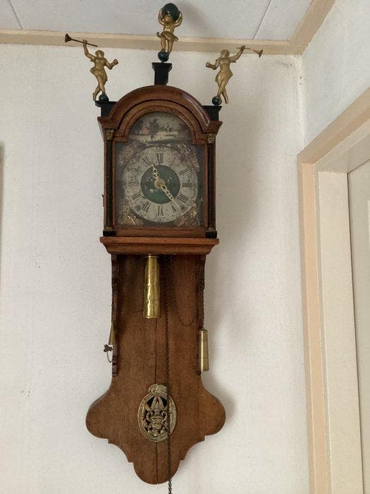 Wandklok - hout, glas, koper - 1850-1900 - Fries schippertje, Antiquités & Art, Antiquités | Horloges