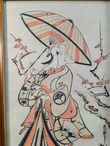 Schoonheid onder de paraplu tussen pruimenbloesems –, Antiek en Kunst