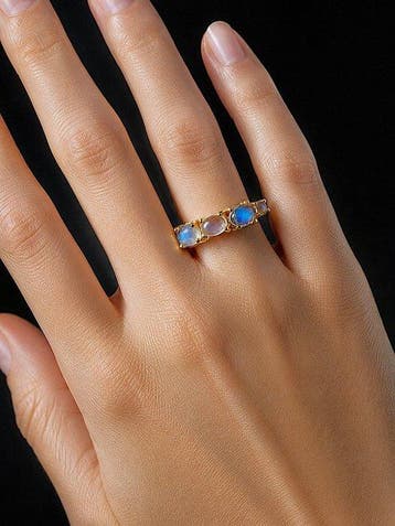 Natuurlijke maansteenring - 925 sterlingzilver verguld met, Antiek en Kunst