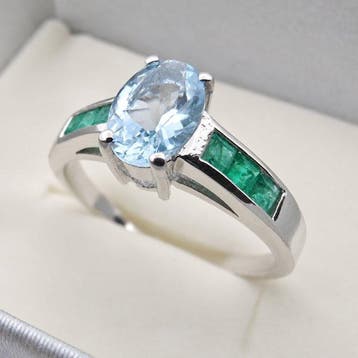 Zonder minimumprijs - Ring Zilver - Aquamarijn & Smaragd