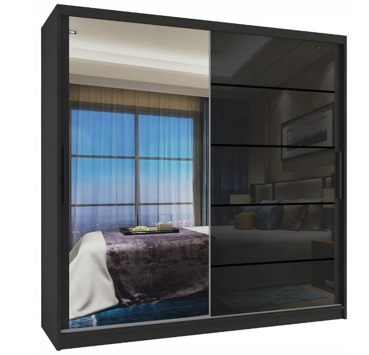 Kledingkast zwart glans 158 cm breed met spiegel en 2 lad..., Huis en Inrichting, Kasten | Kleerkasten, 50 tot 75 cm, Met lade(s)