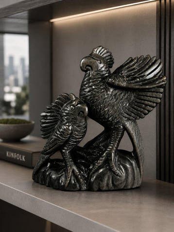 Sculpture de couple de perroquets en obsidienne noire – Fait
