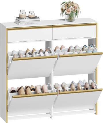 Schoenenkast - Schoenenrek - 100x24x99 cm - Wit/Goud - HEXCE, Verzenden, Nieuw