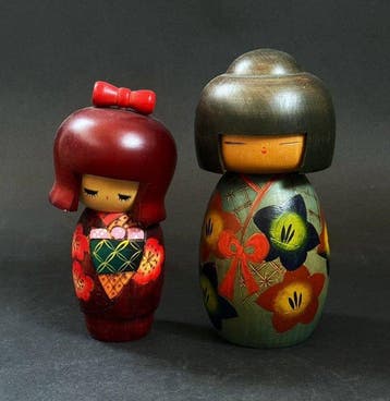 Vintage Japanse Creatieve Kokeshi-poppen - set van 2 - Hout