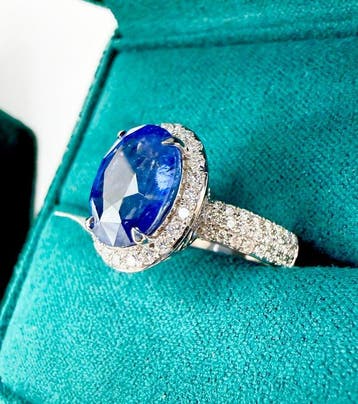 Bague de cocktail - 14 carats Or blanc Saphir - Diamant